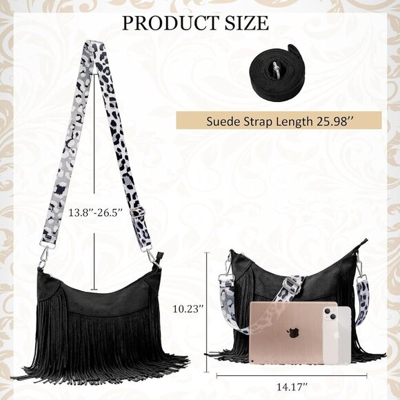 Women Faux Suede Fringed Purse Hobo Bag Tassel Crossbody with Double Long Straps - Picture 3 of 6